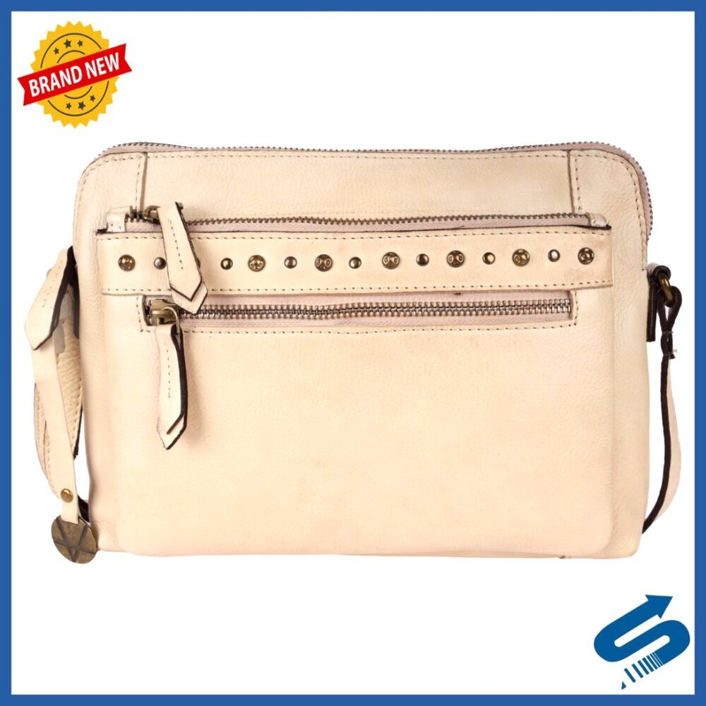 Italian Leather Crossbody Bag with Studded Boho Design, 7.5x10.5 Inches